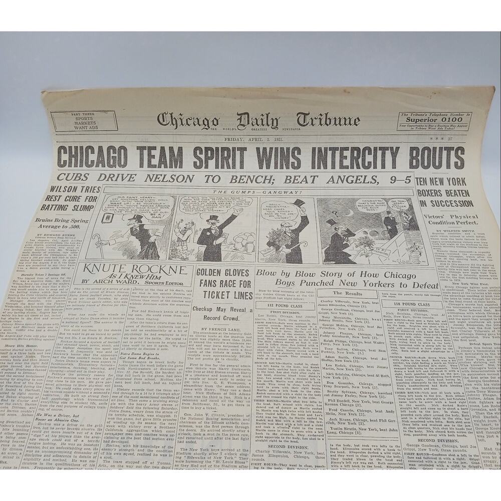 1931 Boxing Cubs Baseball Golden Gloves Leo Rodak Chicago Newspaper Page